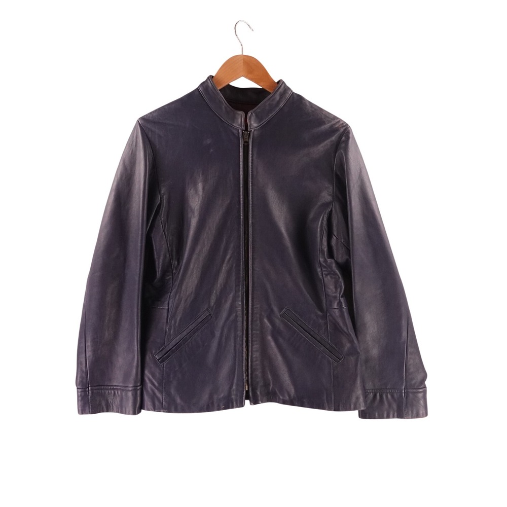 Avirex Womens Navy Blue Leather Cafe Racer Jacket Full Zip L Vintage Made in USA